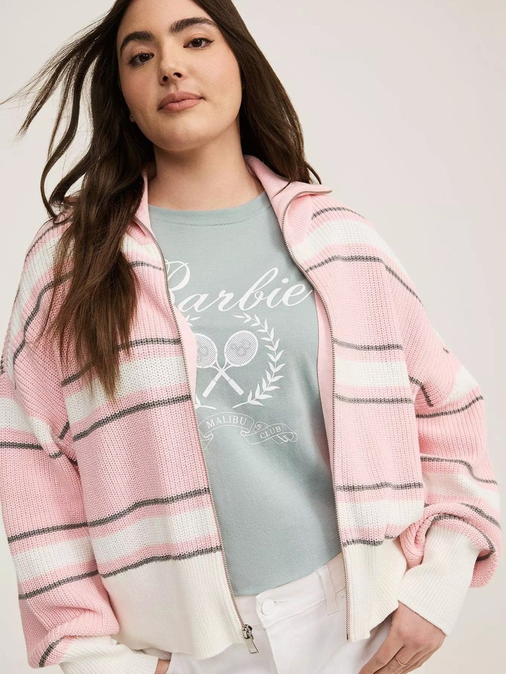 torrid Pink and Cream Striped Zip-Up Sweater